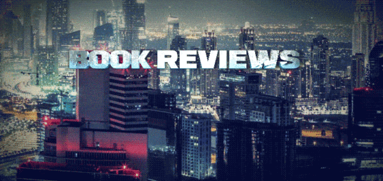 Book reviews animated GIF. Lensflare sweeps across silver, 3d text over a city backdrop.