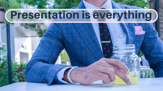 Presentation is Everything header graphic. Man wearing a suit with glass of juice.