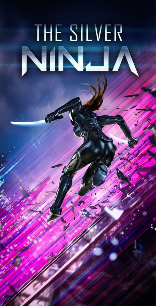 The Silver Ninja falling through a neon sky with two swords in hand, surruonded by glass.