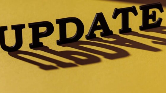Splash image of Update text with a semi-3d effect, shadow cast over a yellow background.