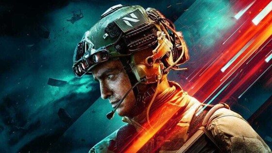 Battlefield 2042 box art with soldier staring off to the lower left, streaks of color crossing diagonally across his neck.
