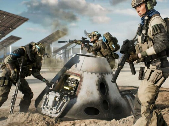 Soldiers investigating a crashed space capsule from Battlefield 2042