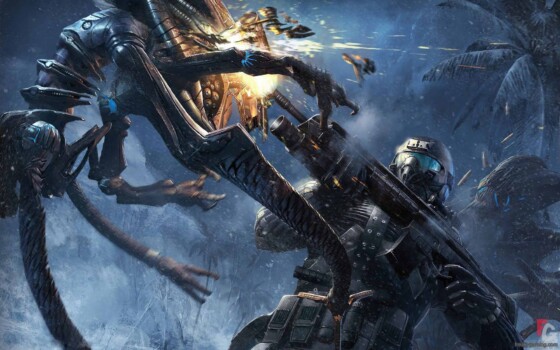 Armored futuristic soldier shooting an alien bug