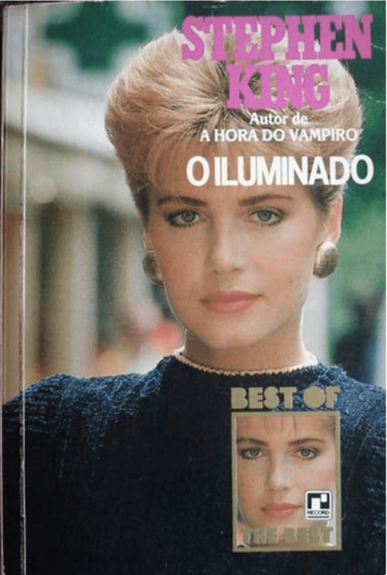 Magazine style photo of a woman with 80s style hair. It's supposed to be the book cover for Stephen King's The Shining in Brazil.