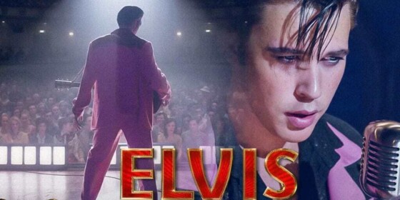 Elvis is wearing a pink suit with his back towards the camera, guitar and crowd in front of him. There is also a close up image of his face in front of a microphone. The words Elvis are in all capitals in bright red and gold colors.