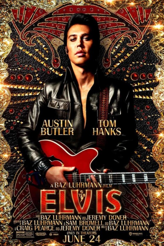 Elvis is standing over a decorative background in a black leather jacket holding a bright red guitar. This a promotional image for the movie poster.