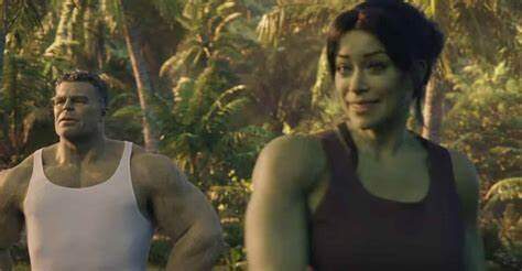 Hulk and She-Hulk standing side by side in the jungles of an island paradise.