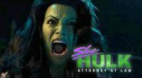 Close up of She-Hulk's face as she's roaring towards the viewer. Text She Hulk Attorney at Law is located in the lower right corner.