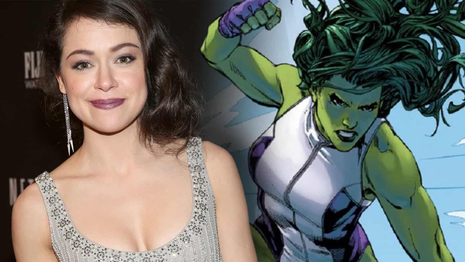 Tatiana Maslany in a grey top superimposed next to a comic book illustration of She-Hulk dropping down with a fist in the air.