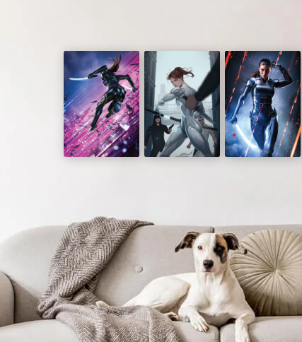 Image of the top 3 Silver Ninja displates sold with a dog sitting on a grey couch.
