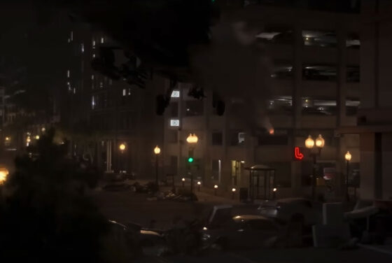 Civil War - A helicopter shoots a rocket at a parking garage.