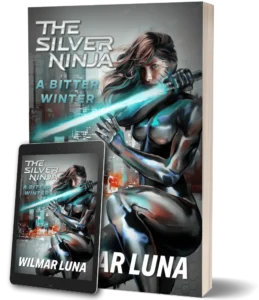 Cover for A Bitter Winter 2nd edition. Stays true to the original design of Cindy wearing her nanosuit, helmet creeping away from her face, energy sword held in front of her body. The main difference is in the new custom The Silver Ninja and A Bitter Winter font.