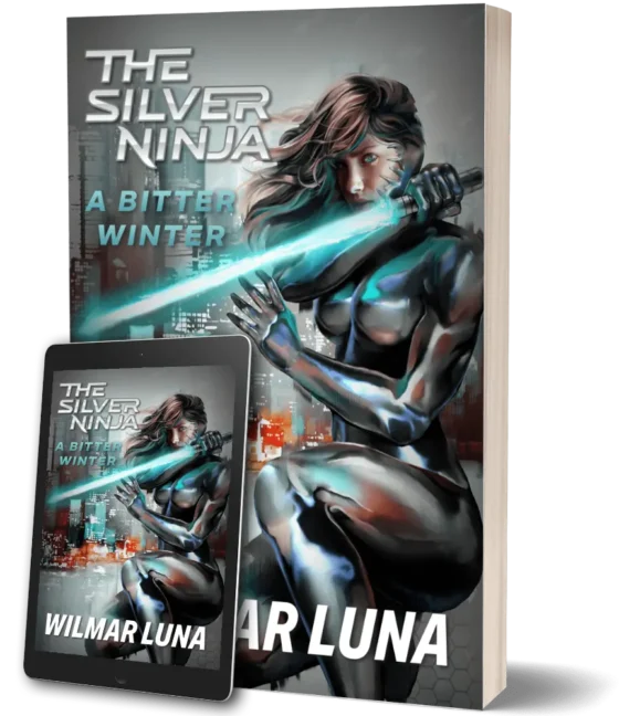 Cover for A Bitter Winter 2nd edition. Stays true to the original design of Cindy wearing her nanosuit, helmet creeping away from her face, energy sword held in front of her body. The main difference is in the new custom The Silver Ninja and A Bitter Winter font.