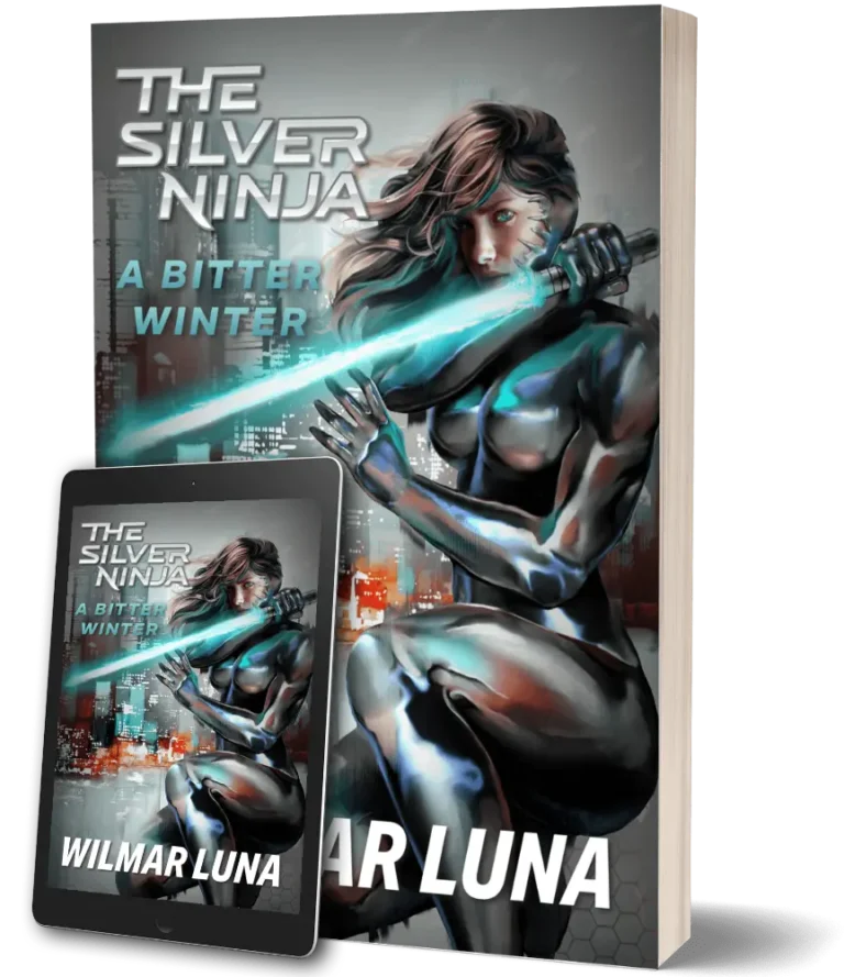 Cover for A Bitter Winter 2nd edition. Stays true to the original design of Cindy wearing her nanosuit, helmet creeping away from her face, energy sword held in front of her body. The main difference is in the new custom The Silver Ninja and A Bitter Winter font.